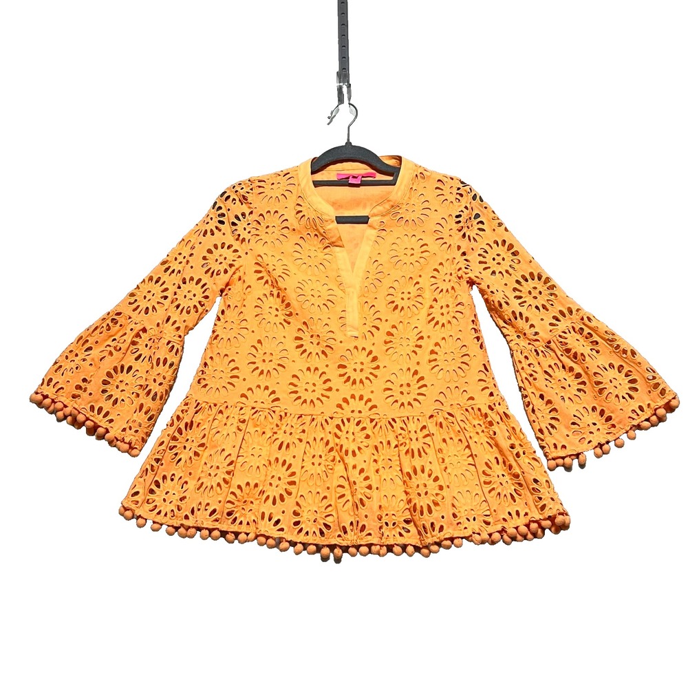 Lilly Pulitzer Bekah Eyelet Top Orange Blouse XXS Pompoms 3/4 Sleeve Lined Women